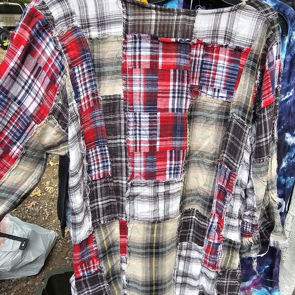 Plaid Patchwork Blouse - Red and Black M - Picture 4 of 5